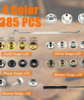 All In One Snap Fastener Tool Kit For Fabric And Outdoor Gear Like Boat Covers Canvas Tarps Leather And Clothing With Heavy Duty Metal Snaps Pliers Interchangeable Dies Pry Tool And Crochet Hook Includes 380 Snaps In Four Colors shown with gold, silver, black, and bronze snaps in various sizes.