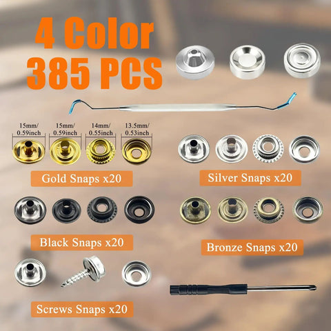 All In One Snap Fastener Tool Kit For Fabric And Outdoor Gear Like Boat Covers Canvas Tarps Leather And Clothing With Heavy Duty Metal Snaps Pliers Interchangeable Dies Pry Tool And Crochet Hook Includes 380 Snaps In Four Colors shown with gold, silver, black, and bronze snaps in various sizes.