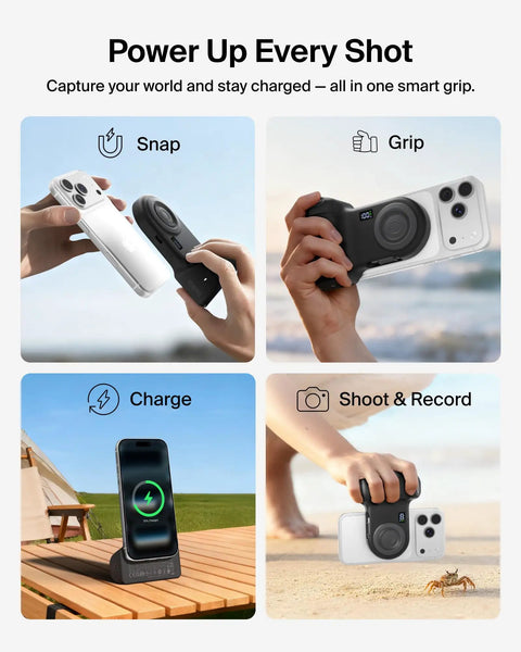 Collage showing Magnetic Wireless Camera Grip Power Bank 9300mAh With Retractable USB C Cable in various uses with phones.