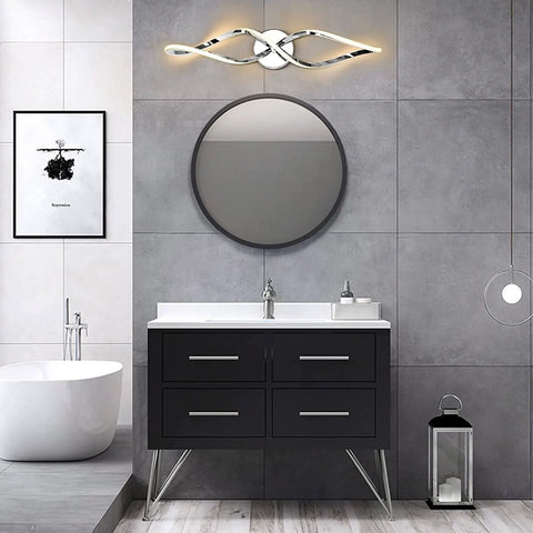 Modern Dimmable Vanity Light Fixtures Warm 3000K Waterproof And Rustproof Wall Sconces above mirror in stylish bathroom setup.