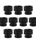 Ten black iron reducing pipe fittings with internal threads, 1/2 to 3/4 inch malleable iron, for DIY pipe decor, steam punk use.