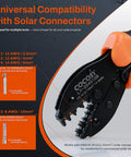Detailed view of crimping dies on Pro Grade Solar Crimp Tool Kit With Ratcheting Pliers For AWG 8 To 12 Cable, 23 Piece Set Including 12 Pairs Of AWG 8 To 14 Connectors, 2 Wrenches, And Rugged Carry Bag For Easy PV System Wiring.
