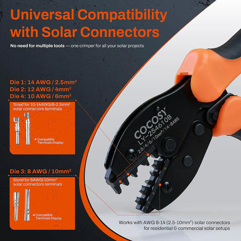 Detailed view of crimping dies on Pro Grade Solar Crimp Tool Kit With Ratcheting Pliers For AWG 8 To 12 Cable, 23 Piece Set Including 12 Pairs Of AWG 8 To 14 Connectors, 2 Wrenches, And Rugged Carry Bag For Easy PV System Wiring.