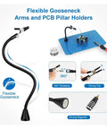 Heavy Duty Welding Workbench With Magnetic Flexible Arm PCB Holder and 3X LED Magnifying Lamp, focused on arm flexibility.