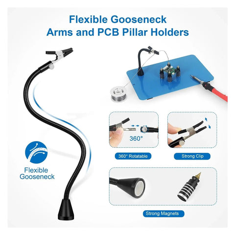 Heavy Duty Welding Workbench With Magnetic Flexible Arm PCB Holder and 3X LED Magnifying Lamp, focused on arm flexibility.
