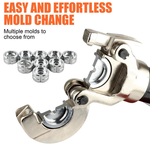 Rechargeable Electric Hydraulic Crimping Tool with multiple molds for easy mold change and efficient crimping on copper and aluminum cables.