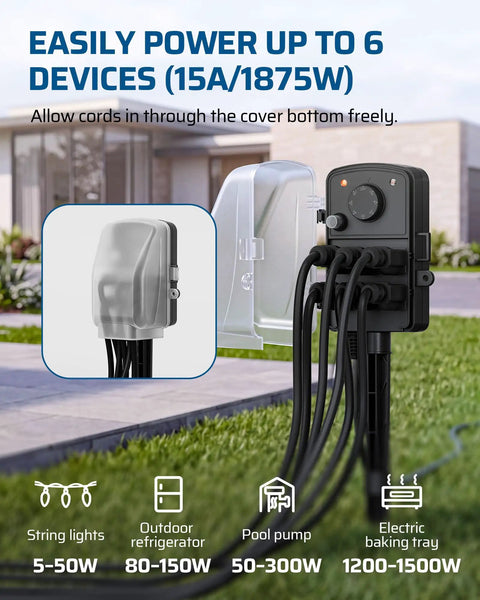 Outdoor Power Stake Timer Equipped With Six Grounded Outlets And An Extended Six Foot Cord Designed For Effortless Backyard Vibes And Landscape Projects featuring power options.