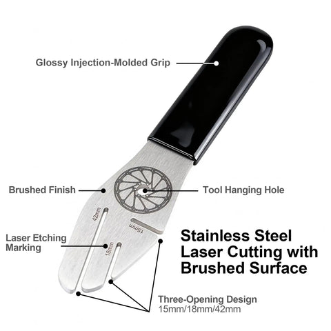 MTB And Road Bike Disc Brake Rotor Truing Tool Kit with stainless steel 4mm alignment wrench and 3 openings detail view.