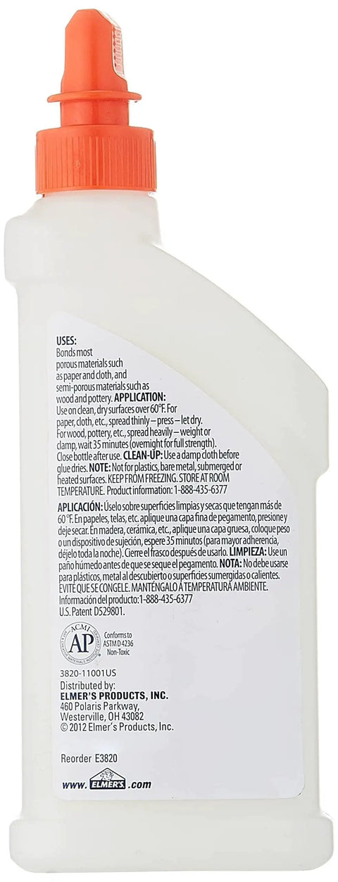 Back view of Multi Purpose White Glue 8 Oz All Purpose Craft Adhesive showing usage instructions and orange cap