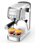 Top Shelf Compact Espresso Maker With 20 Bar Pressurized Pump And One Touch Milk Frother System brewing two espresso shots.