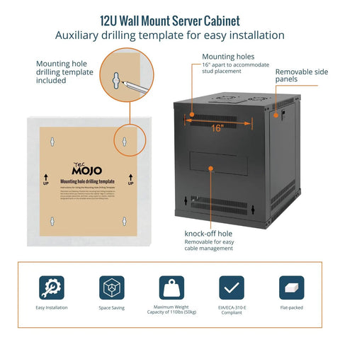 Solid As A Rock 12U Wall Mount Server Cabinet With Clear Glass Door And Auto Thermostat Space Saving 19 Inch Gear Rack, installation template details.