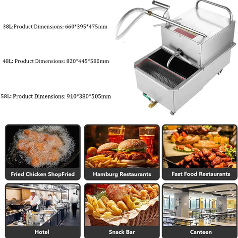 Heavy Duty Mobile Deep Fryer Oil Filter Cart With Smooth Rolling Wheels, top view showcasing 38L, 48L, and 58L capacity options.