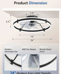 24" Modern 24 Inch Low Profile Ceiling Fan With Dimmable LED Light And Wireless Remote Slick Black Design dimensions and features