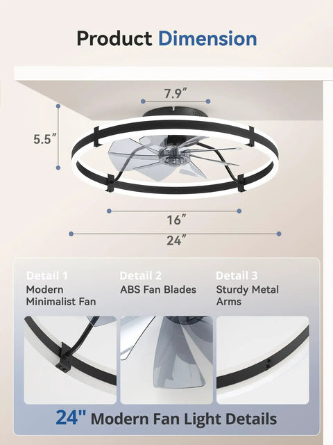 24" Modern 24 Inch Low Profile Ceiling Fan With Dimmable LED Light And Wireless Remote Slick Black Design dimensions and features