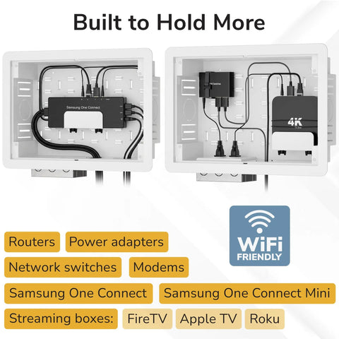 Recessed In Wall TV Media Box With Ventilated Cooling To Hide Streaming Boxes And Routers For A Straight Fire Media Setup Supporting Up To 22 Lbs for tidily storing cables and devices.