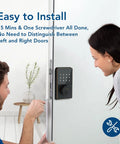 WiFi Keyless Entry Smart Lock with Touchscreen Keypad being installed on door, two people demonstrating no fuss install.