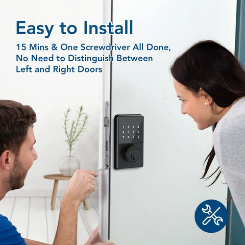 WiFi Keyless Entry Smart Lock with Touchscreen Keypad being installed on door, two people demonstrating no fuss install.