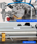 Pro Level Pneumatic Paste Filling Machine With Quick Turn Flow Dial No Sweat Automatic Dispenser For Thick Sauces Lotions Shampoos And Light Oils Handles Three To Twenty Six Hundred ML Runs Smooth Every Time showing precision stainless steel rotary valve and high-end cylinder.