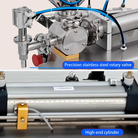 Pro Level Pneumatic Paste Filling Machine With Quick Turn Flow Dial No Sweat Automatic Dispenser For Thick Sauces Lotions Shampoos And Light Oils Handles Three To Twenty Six Hundred ML Runs Smooth Every Time showing precision stainless steel rotary valve and high-end cylinder.