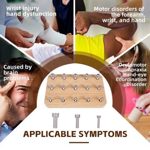 Premium Wooden Finger Pegboard For Adults Hand Therapy And Fine Motor Skill Rehab with symptoms illustration