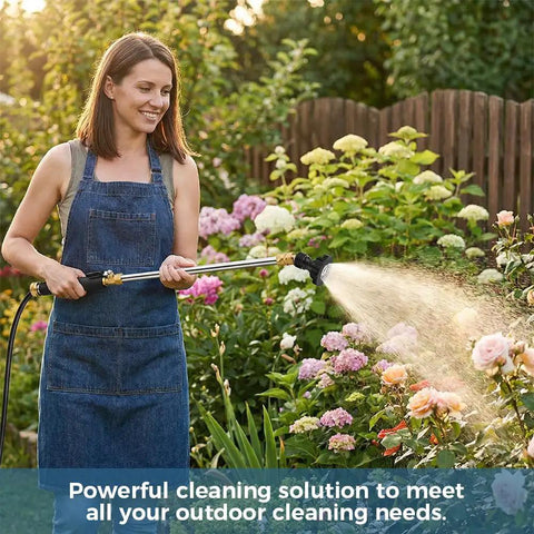 Woman using High Pressure Garden Hose Nozzle With Metal Power Washer Wand amidst garden flowers