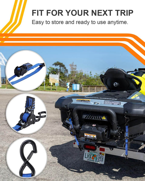 Retractable Ratchet Straps For Boats And Jetskis Two Pack Dockside Ready shown securing jetski with S hooks