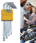 Heavy Duty 9-Piece Metric Hex Key Set Made From Premium 40Cr Steel For Tough Jobs, Professional Maintenance, Home Diy, And Industrial Tasks With Portable Storage Box That Lasts Forever. 9-piece metric hex key set, 1.5-10mm, in yellow holder