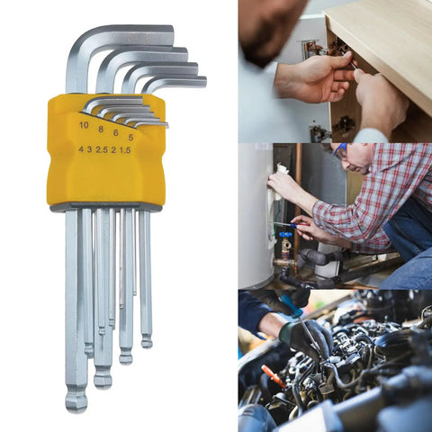 Heavy Duty 9-Piece Metric Hex Key Set Made From Premium 40Cr Steel For Tough Jobs, Professional Maintenance, Home Diy, And Industrial Tasks With Portable Storage Box That Lasts Forever. 9-piece metric hex key set, 1.5-10mm, in yellow holder
