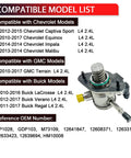 High Pressure Fuel Pump With Gasket And Bolts For Buick LaCrosse Regal Verano Chevrolet Captiva Sport Equinox Impala Malibu GMC Terrain 2010 To 2017 2.4L L4 Plug And Play Direct Replacement OE Standard Easy Install compatibility list