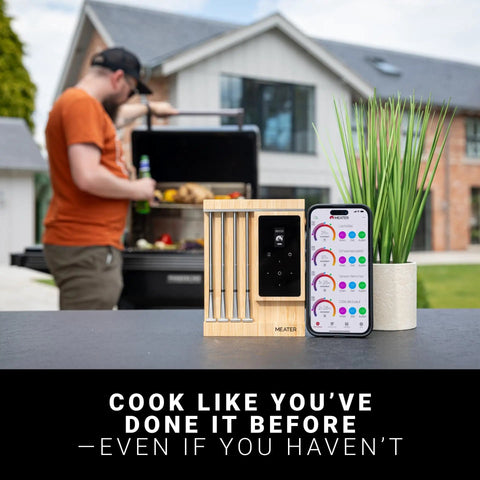 Four Probe Wireless Smart Meat Thermometer for Grill, BBQ, Oven, and Sous Vide with Bluetooth and WiFi displayed outdoors