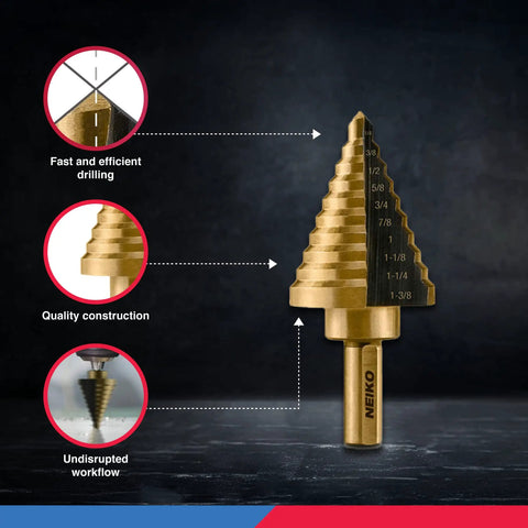 Beefy Five Piece Step Drill Bit Set For Metal With Fifty SAE Sizes from 1/8 to 1-3/8 inch Titanium High Speed Steel Unibit