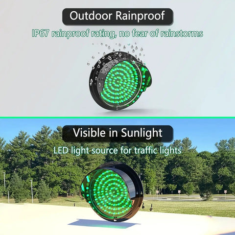 Heavy Duty Led Traffic Signal Light For Loading Docks And Car Washes With Easy Push Button Control Built Tough Pc Housing High Visibility Red Green Warning Lamp Solid As A Rock For Parking Lots showing IP67 rainproof rating and green LED visibility.