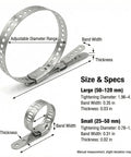 Universal Adjustable Stainless Steel CV Boot Clamp Kit 12 Piece Set dimensions, showing large and small adjustable clamps.