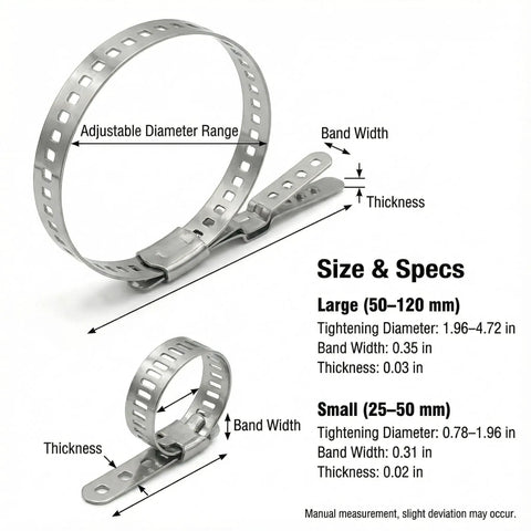 Universal Adjustable Stainless Steel CV Boot Clamp Kit 12 Piece Set dimensions, showing large and small adjustable clamps.