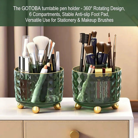 Dark Green 6 Compartment Desk Organizer With 360 Degree Rotating Pen And Pencil Holder for pens and makeup brushes on desk