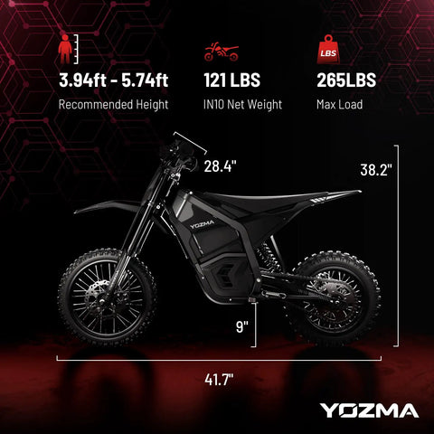 IN10 Electric Dirt Bike With 2600W Peak Motor, 40 MPH Top Speed, 48V 23Ah Battery, Full Hydraulic Brakes And Suspension, Off Road Mountain Ebike For Teens And Adults, Ready To Rip Trails, side view with 41.7in length