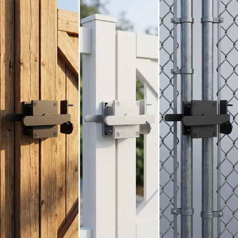 Amagogo Sliding Bolt Gate Latch-Heavy-Duty Steel Construction, Shielded Spray-Coated Finish, Latch with Double-Sided Handle, for Gates, Silver on wood, vinyl, and chain link gates.