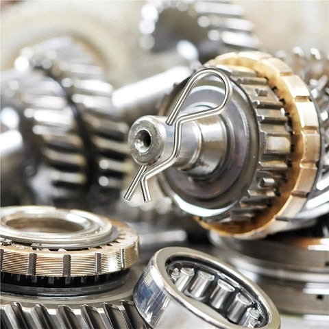 Close-up of gear with Stainless Steel Cotter Pin And R Clip Assortment Set 400 Pieces Open Hairpin Pins for automotive use