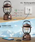 Rechargeable Vintage LED Camping Lantern With 15000mAh Battery, 1000 Lumen Output, Stepless Dimming From 2500K Warm to 5000K Cool IPX4 Waterproof