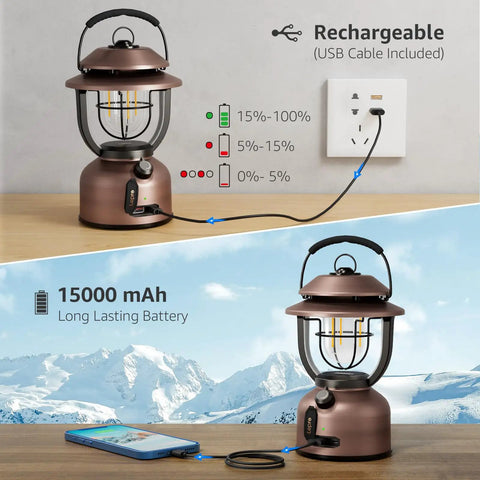 Rechargeable Vintage LED Camping Lantern With 15000mAh Battery, 1000 Lumen Output, Stepless Dimming From 2500K Warm to 5000K Cool IPX4 Waterproof