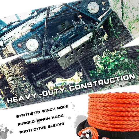 Three Eighths Inch 100 Foot Synthetic Winch Rope 23800 Lb Capacity With Protective Sleeve And Heavy Duty Hook For 4x4 Off Road Jeeps ATVs UTVs And SUVs Orange