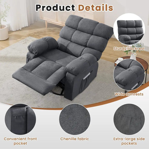 360 Degree Swivel Rocker Recliner For Adults with side pockets in a living room setting, showcasing chenille fabric and wide armrests.