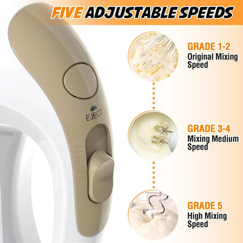 Close-up of the speed adjustment knob on Top Shelf 5 Speed Electric Hand Mixer With Five Heavy Duty Stainless Steel Whisks And A Workhorse 120 Watt Motor.