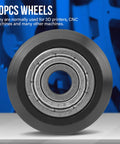 Close-up of Beefy 5mm Bore Wheel Set with 625 Bearing Pulleys for CNC and 3D Printer, durable POM construction, 20 pieces