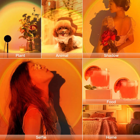Projection Lamp With App Remote 360 Degree Rotation 16 Color RGB LED Lights Sunset Vibe Mood Lighting For Photography Selfies Parties Bedroom Decor Gift For Women showcasing diverse uses in a collage, including plants, animals, shadows, selfies, food, and home settings.