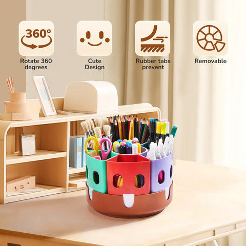 Rotating Art Supply Storage Organizer With 360 Degree Spin Base Kid Friendly Craft Caddy For Classrooms And Desks on table