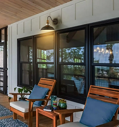 Outdoor view with 2 Pack Farmhouse Plug In Wall Sconces With Gooseneck Arms And Barn Shade Matte Black Finish