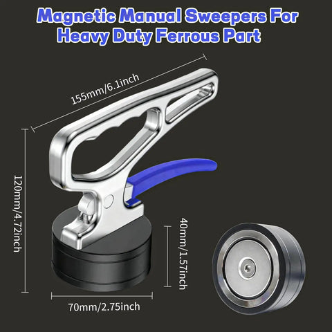 Heavy Duty Magnetic Pickup Tool With Quick Release And Ergonomic Handle for iron plates and metal debris, dimensions shown