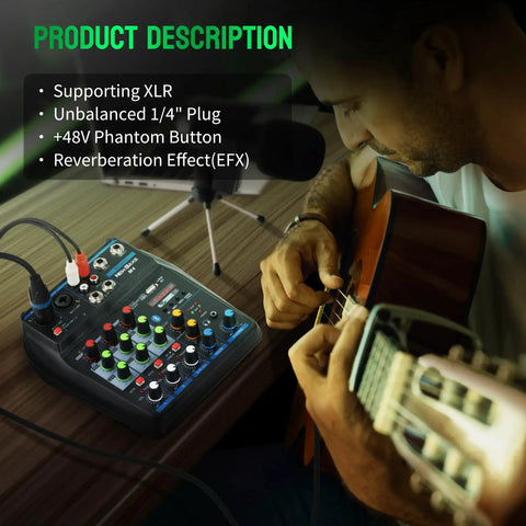 4 Channel DJ Mixer With Bluetooth Streaming, Built In MP3 Player, USB audio interface, musician playing guitar