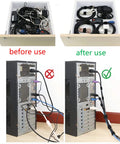 Before and after using 54 Yards Of One Half Inch Reusable Cable Ties For Easy No Fuss Cable Management on computer cables.